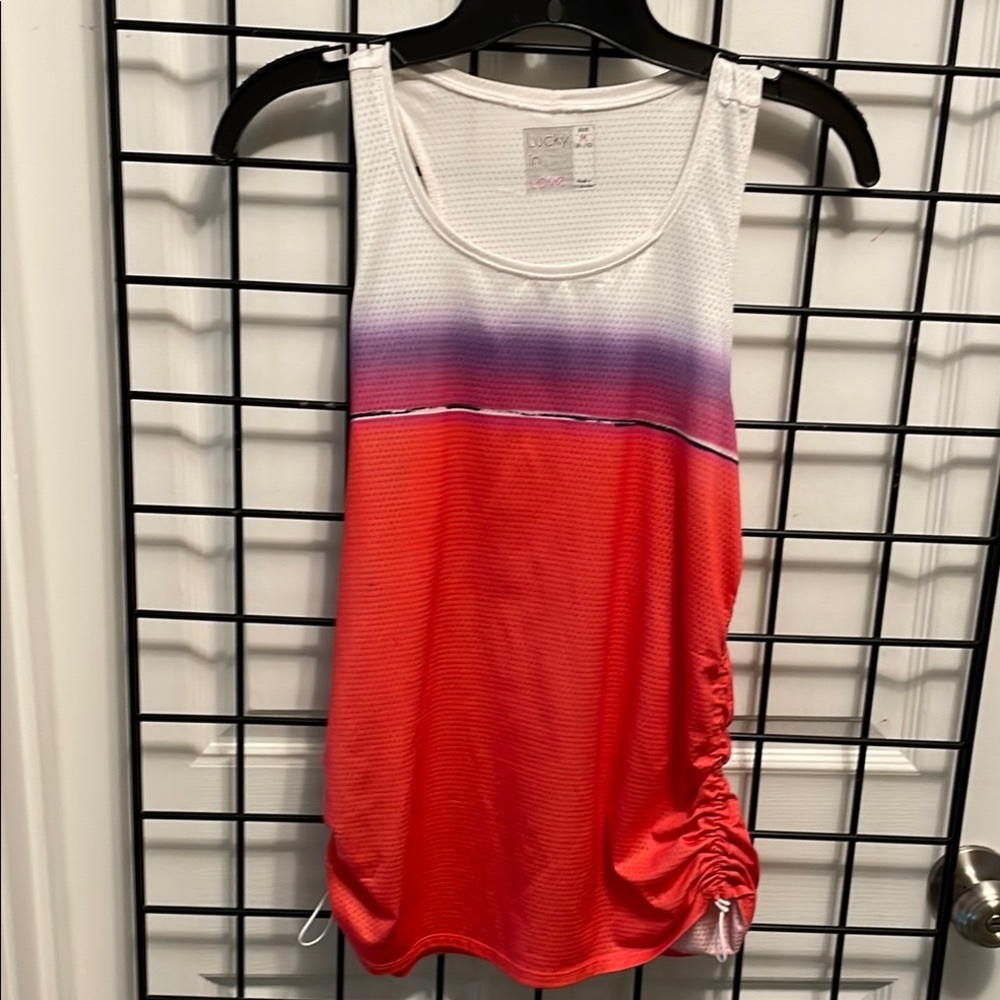 Lucky In Love Brand Purple, red and white  Ruched Sleeveless Tank Top.